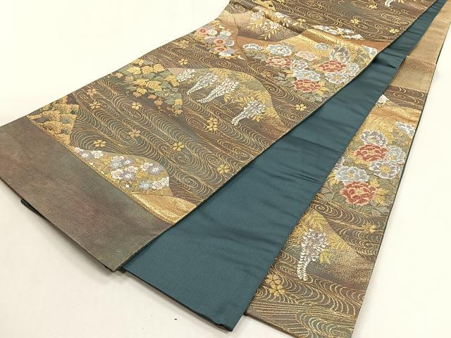 平和屋着物◎六通柄袋帯 流水草花文 金糸 正絹 逸品 CABJ6078yk
