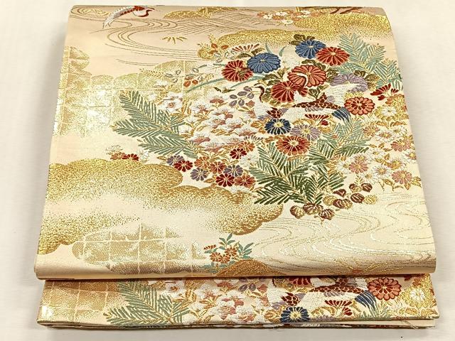 平和屋着物◎六通柄袋帯 草花鶴文 金銀糸 正絹 逸品 CABJ6084yk
