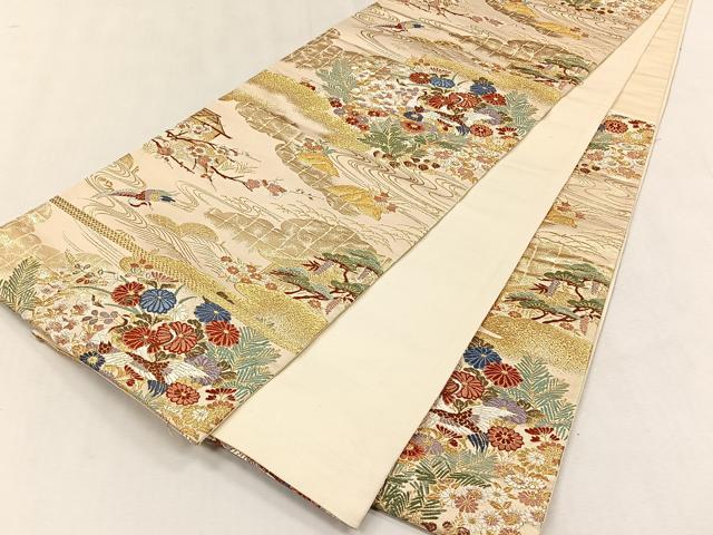 平和屋着物◎六通柄袋帯 草花鶴文 金銀糸 正絹 逸品 CABJ6084yk