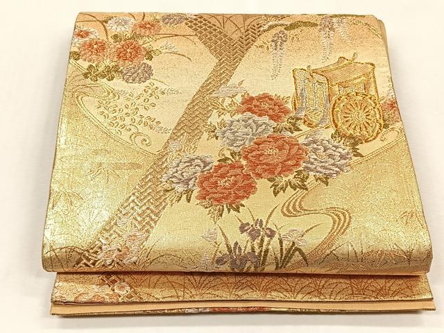 平和屋着物◎六通柄袋帯 御所車流水草花文 金銀糸 正絹 逸品 CABJ6093yk