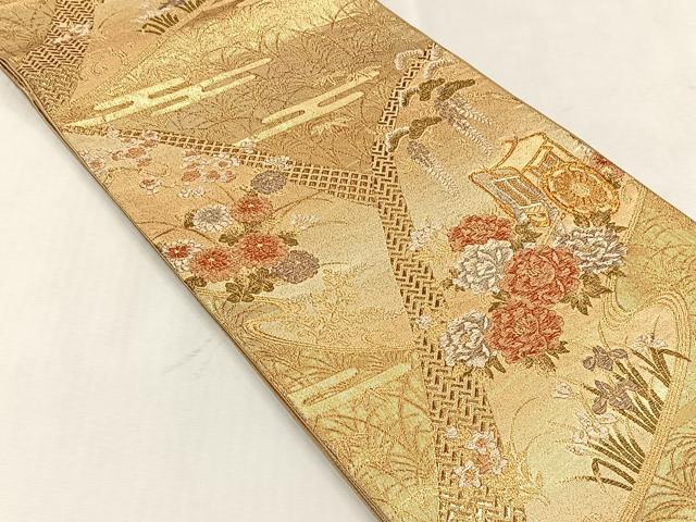 平和屋着物◎六通柄袋帯 御所車流水草花文 金銀糸 正絹 逸品 CABJ6093yk