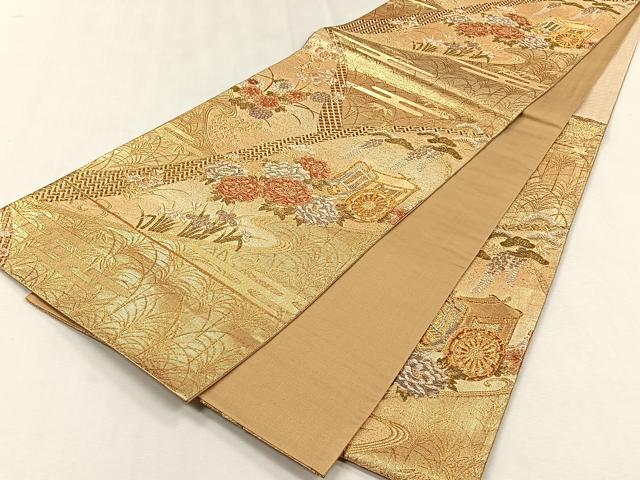 平和屋着物◎六通柄袋帯 御所車流水草花文 金銀糸 正絹 逸品 CABJ6093yk