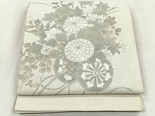 平和屋着物◎中国三大刺繍 相良刺繍 太鼓柄袋帯 花車文 銀糸 正絹 逸品 CABJ6101yk