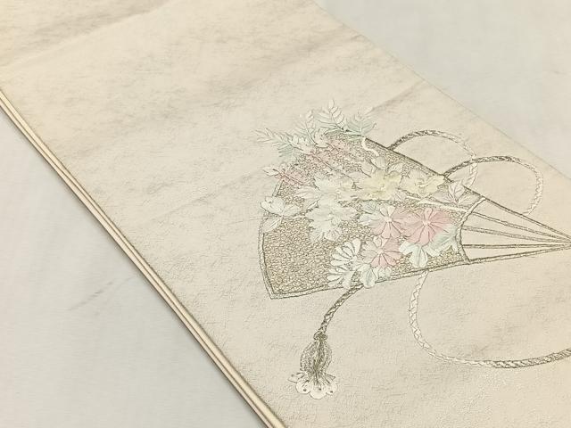 平和屋着物◎太鼓柄袋帯 刺繍 扇面草花文 銀糸 正絹 逸品 CABJ6105yk