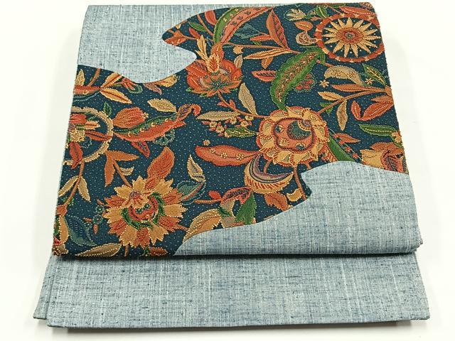平和屋着物◎中国三大刺繍 相良刺繍 太鼓柄袋帯 紬地 更紗花文 正絹 逸品 CABJ6118yk