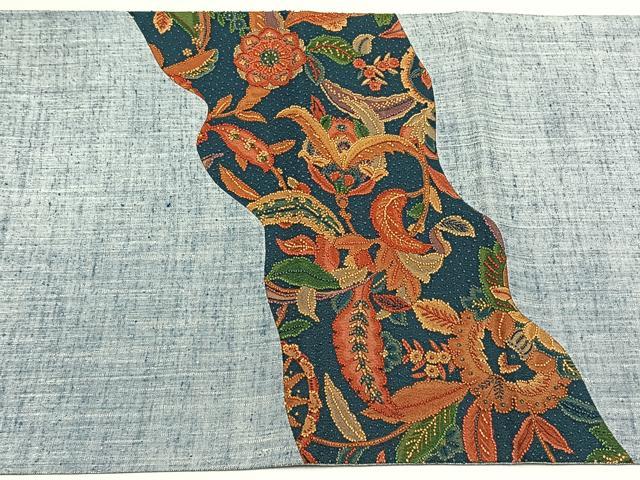 平和屋着物◎中国三大刺繍 相良刺繍 太鼓柄袋帯 紬地 更紗花文 正絹 逸品 CABJ6118yk