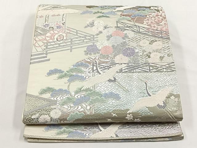 平和屋着物◎六通柄袋帯 飛鶴風景草花文 九百錦プラチナ箔 たけうちオリジナル 正絹 逸品 CABJ6122yk