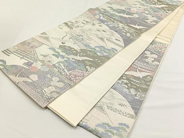 平和屋着物◎六通柄袋帯 飛鶴風景草花文 九百錦プラチナ箔 たけうちオリジナル 正絹 逸品 CABJ6122yk