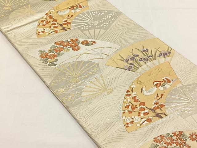 平和屋着物◎六通柄袋帯 扇面鴛鴦花文 金銀糸 正絹 逸品 CABJ6123yk