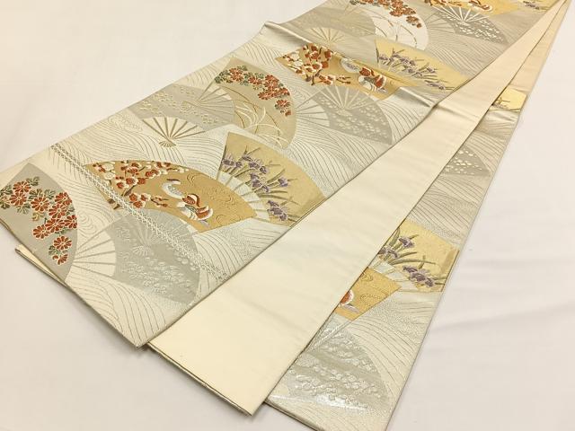 平和屋着物◎六通柄袋帯 扇面鴛鴦花文 金銀糸 正絹 逸品 CABJ6123yk