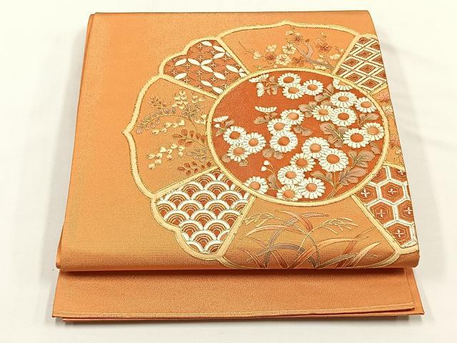 平和屋着物◎太鼓柄袋帯 駒刺繍 草花文 正絹 逸品 CABJ6136yk
