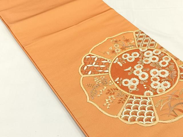 平和屋着物◎太鼓柄袋帯 駒刺繍 草花文 正絹 逸品 CABJ6136yk
