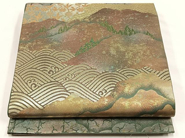 平和屋着物◎六通柄袋帯 遠山流水草花文 金糸 引箔 正絹 逸品 CABJ6149yk