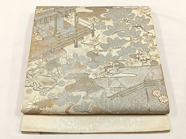 平和屋着物◎太鼓柄袋帯 駒刺繍 風景草花文 金彩 正絹 逸品 CABJ6154yk