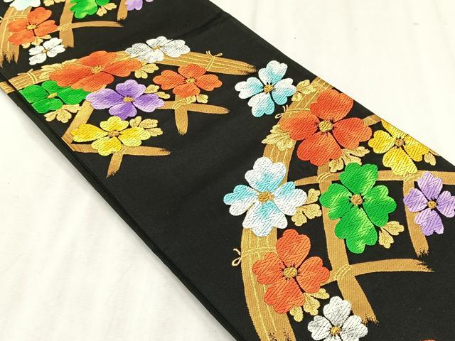 平和屋着物◎西陣 六通柄袋帯 籬花文 黒地 金糸 正絹 逸品 未使用 CABJ6166yk