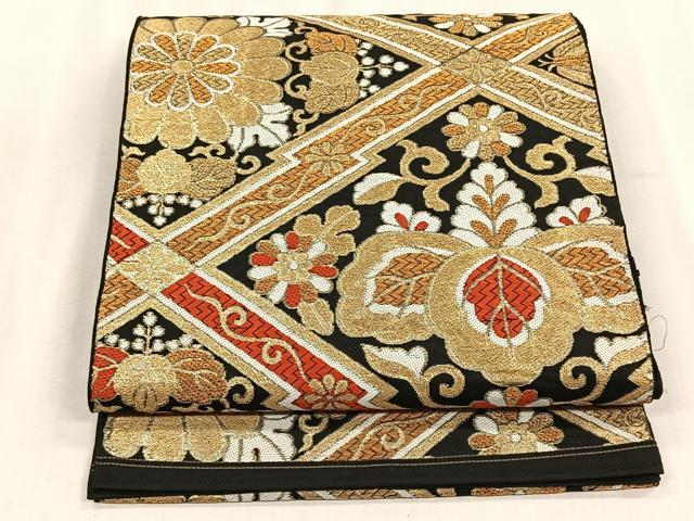 平和屋着物◎六通柄京袋 本袋帯 花唐草文 黒地 金糸 正絹 逸品 CABJ6169yk