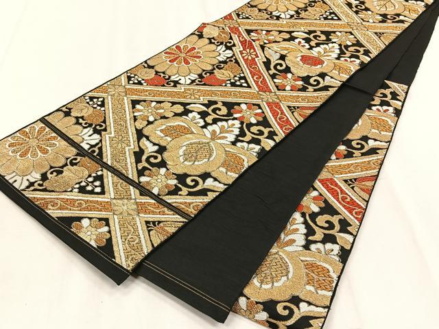 平和屋着物◎六通柄京袋 本袋帯 花唐草文 黒地 金糸 正絹 逸品 CABJ6169yk