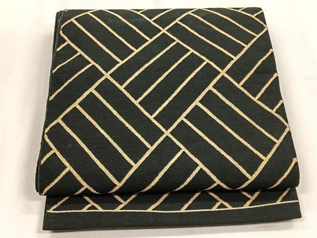 平和屋着物◎六通柄袋帯 幾何学文様 黒地 金糸 正絹 逸品 CABJ6179yk