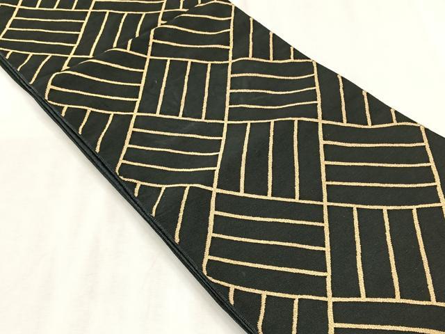 平和屋着物◎六通柄袋帯 幾何学文様 黒地 金糸 正絹 逸品 CABJ6179yk