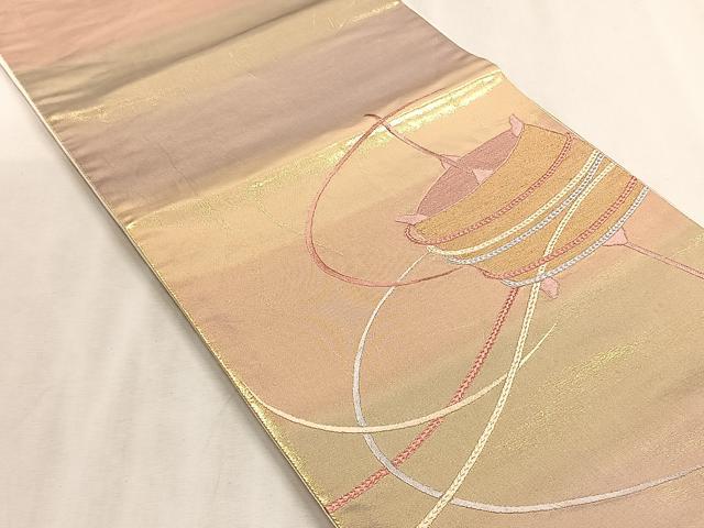 平和屋着物◎太鼓柄袋帯 総刺繍 糸巻き文 金糸 正絹 逸品 CABJ6189yk