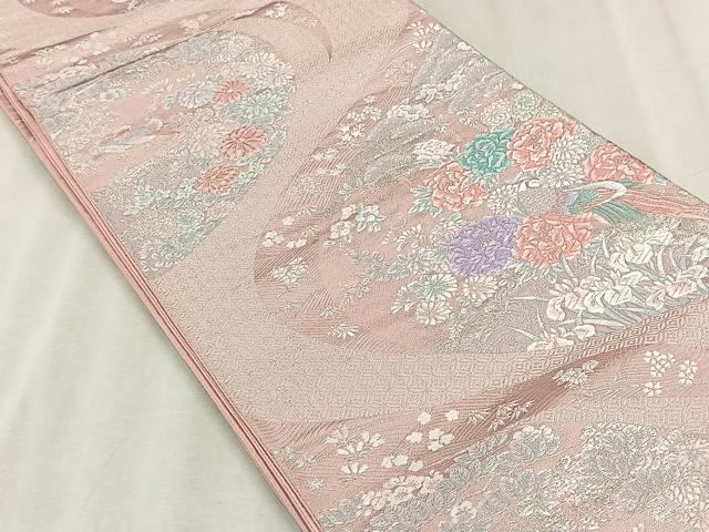 平和屋着物◎西陣 六通柄袋帯 唐織 休み鳥花文 銀糸 証紙付き 正絹 逸品 未使用 CABJ6199yk