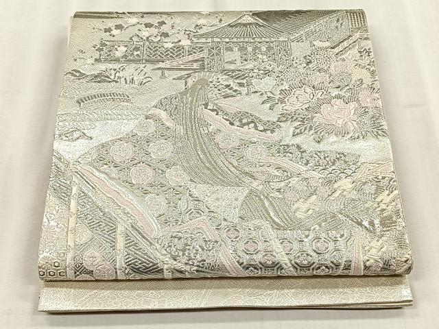 平和屋着物◎太鼓柄袋帯 薫香几帳式部図 銀糸 正絹 逸品 CABJ6208yk