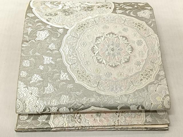平和屋着物◎六通柄袋帯 唐織 絵皿花蝶文 銀糸 正絹 逸品 CABJ6228yk