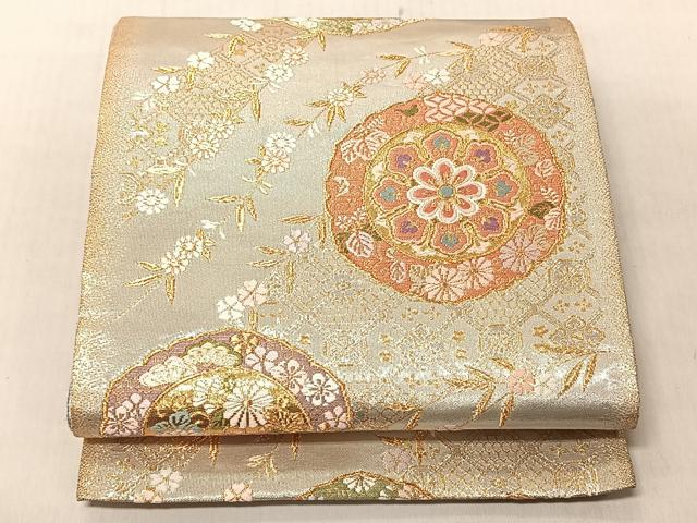 平和屋着物◎六通柄袋帯 絵皿草花文 金銀糸 正絹 逸品 CABJ6238yk