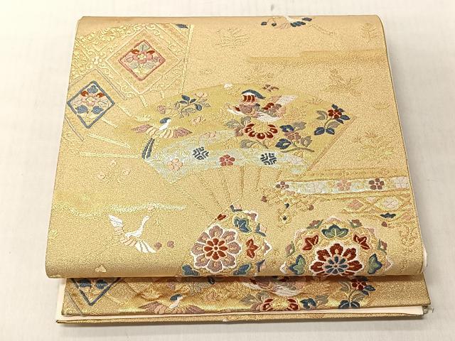 平和屋着物◎六通柄袋帯 扇面花鳥文 金糸 正絹 逸品 CABJ6251yk