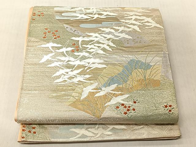 平和屋着物◎六通柄袋帯 唐織 地紙飛鶴草花文 金銀糸 正絹 逸品 CABJ6262yk