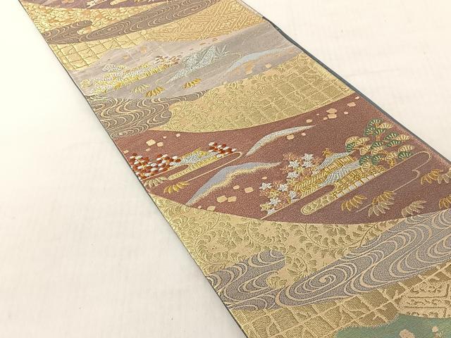 平和屋着物◎六通柄袋帯 松竹梅風景文 金銀糸 正絹 逸品 CABJ6283yk