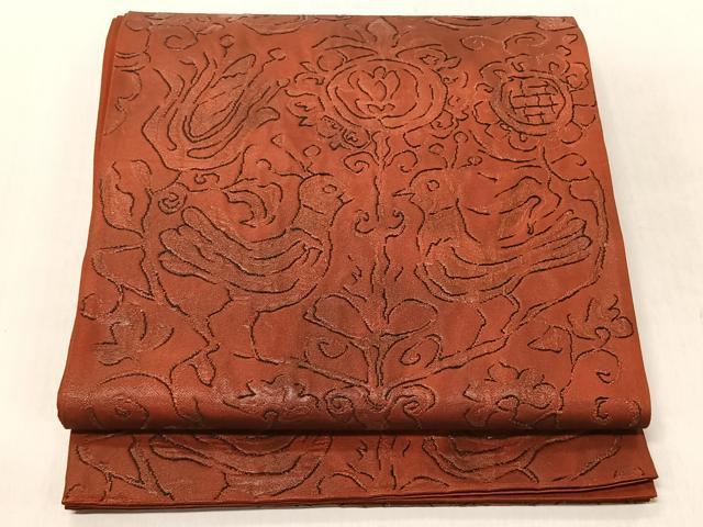 平和屋着物◎六通柄袋帯 ふくれ織 向かい鳥花文 銀通し地 正絹 逸品 CABJ6285yk