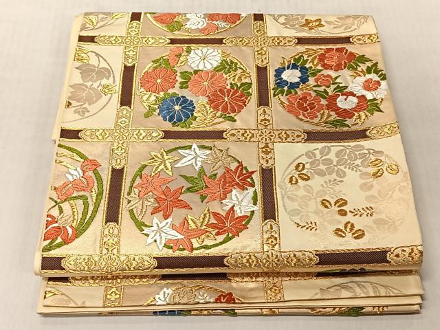 平和屋着物◎太鼓柄 本袋帯 唐織 格子草花丸文 金糸 正絹 逸品 CABJ6299yk