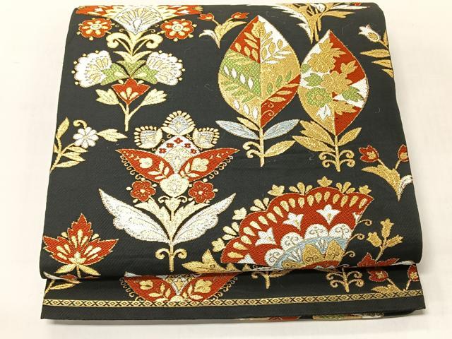 平和屋着物◎六通柄 本袋帯 更紗花文 黒地 金銀糸 正絹 逸品 CABJ6330yk