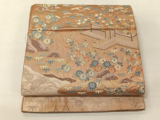 平和屋着物◎六通柄袋帯 風景草花文 金糸 正絹 逸品 CABJ6344yk