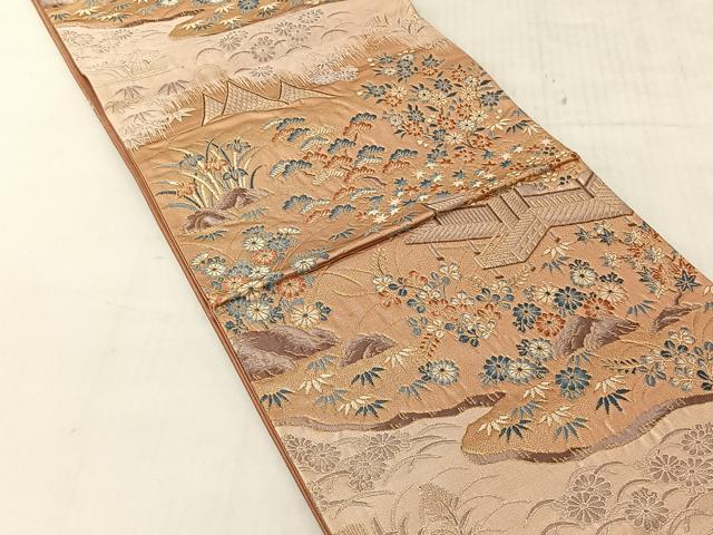 平和屋着物◎六通柄袋帯 風景草花文 金糸 正絹 逸品 CABJ6344yk
