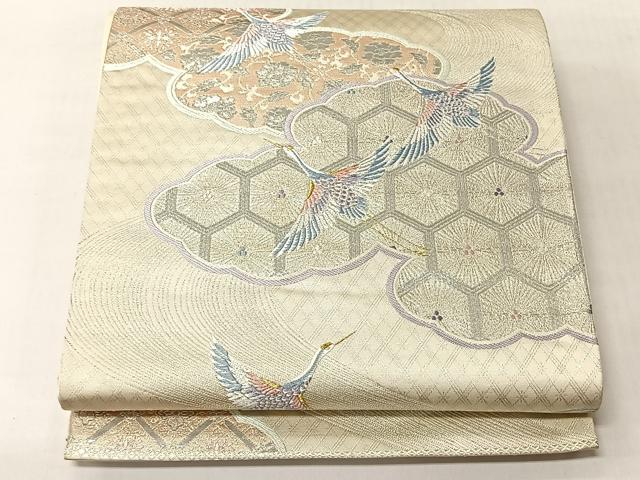 平和屋着物◎六通柄袋帯 雲重ね飛鶴草花文 プラチナ箔二重織 九百錦 正絹 逸品 CABJ6386yk