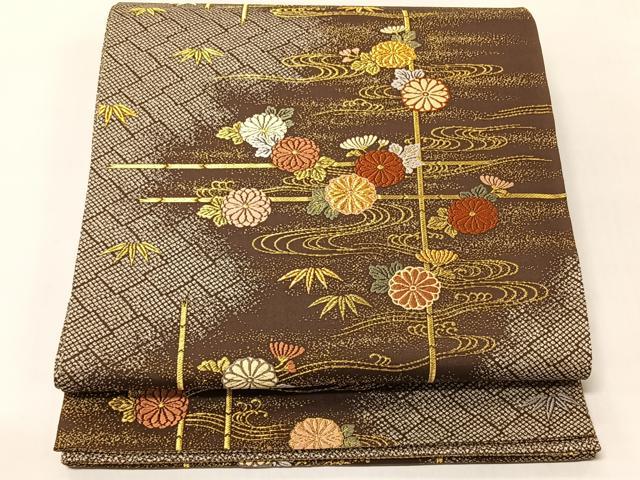 平和屋着物◎六通柄袋帯 流水草花文 金糸 正絹 逸品 未使用 CABJ6400yk