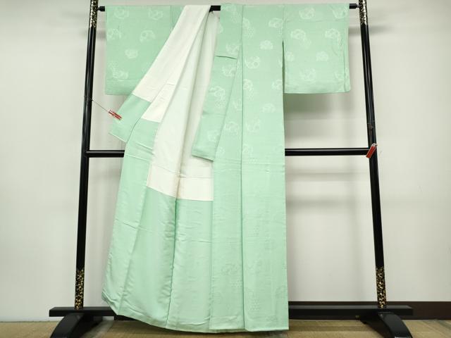 平和屋着物●上質な色無地 流水雪輪花地紋 薄萌葱色 正絹 逸品 CABJ6409ut