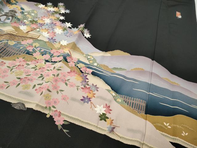 平和屋着物●豪華黒留袖 友禅 作家物 風景草花文 正絹 逸品 CABJ6441ut