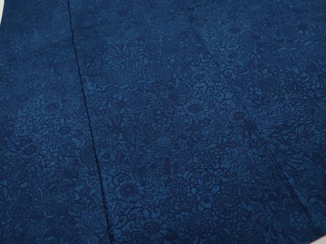 平和屋着物●上質な小紋 藍 型染め 更紗花文 鬼しぼ縮緬 正絹 逸品 CABJ6474ut