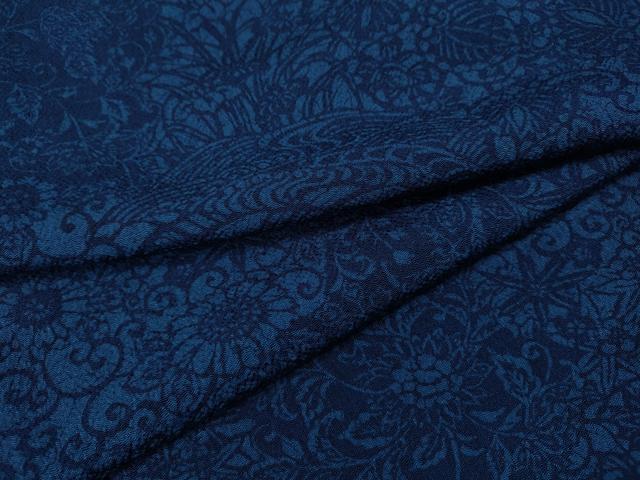 平和屋着物●上質な小紋 藍 型染め 更紗花文 鬼しぼ縮緬 正絹 逸品 CABJ6474ut
