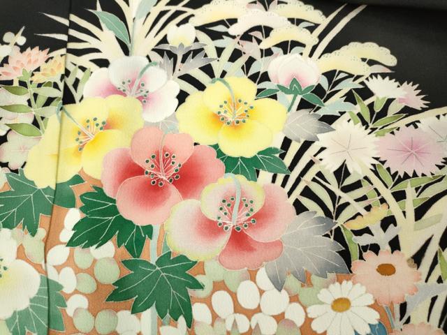 平和屋着物●本加賀友禅作家 直江良三 黒留袖 草花文 正絹 逸品 CABJ6507ut