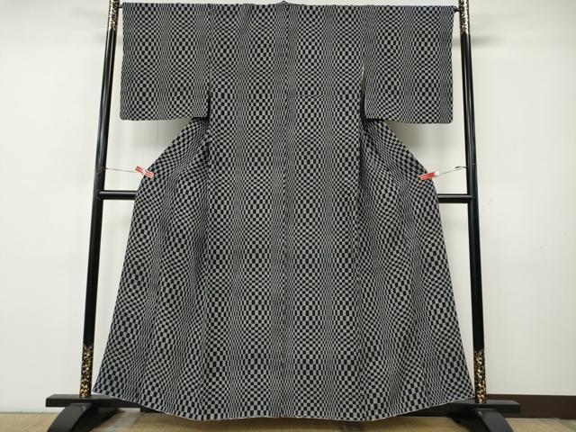 平和屋着物●上質な小紋 変わり市松 黒地 正絹 逸品 CABJ6537ut