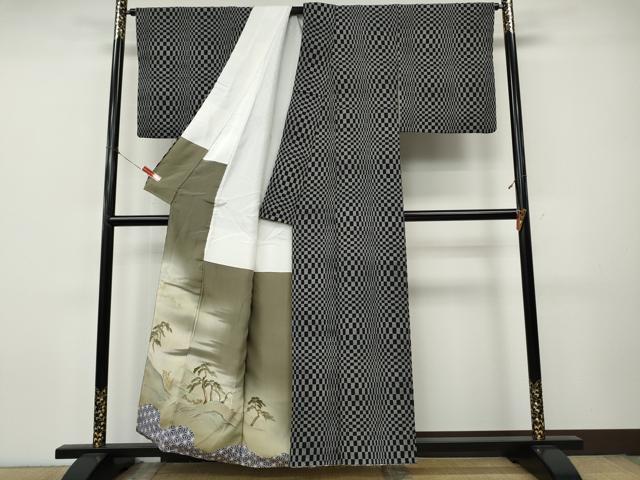 平和屋着物●上質な小紋 変わり市松 黒地 正絹 逸品 CABJ6537ut