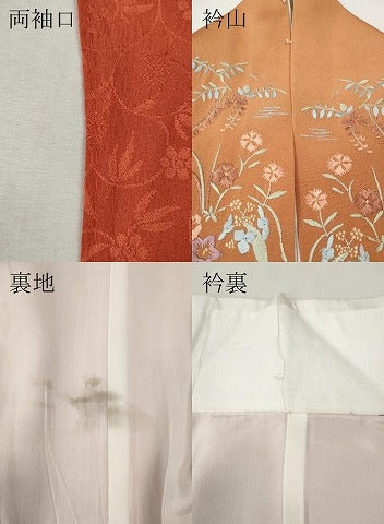 平和屋着物●長襦袢 袷 花唐草地紋 鉛丹色 半衿刺繍 正絹 逸品 CABJ6539ut