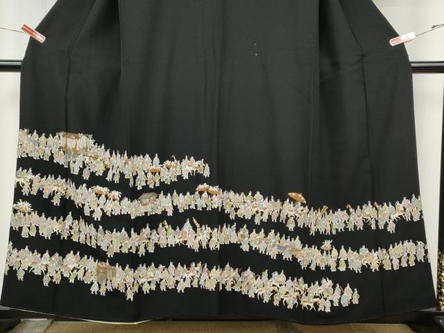 平和屋着物●中国三大刺繍 相良刺繍 総刺繍 黒留袖 大名行列 正絹 逸品 CABJ6543ut