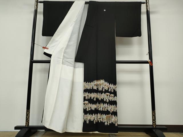 平和屋着物●中国三大刺繍 相良刺繍 総刺繍 黒留袖 大名行列 正絹 逸品 CABJ6543ut