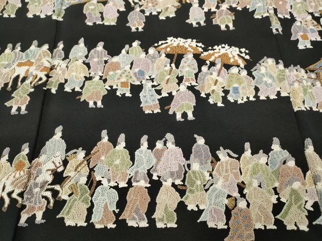 平和屋着物●中国三大刺繍 相良刺繍 総刺繍 黒留袖 大名行列 正絹 逸品 CABJ6543ut