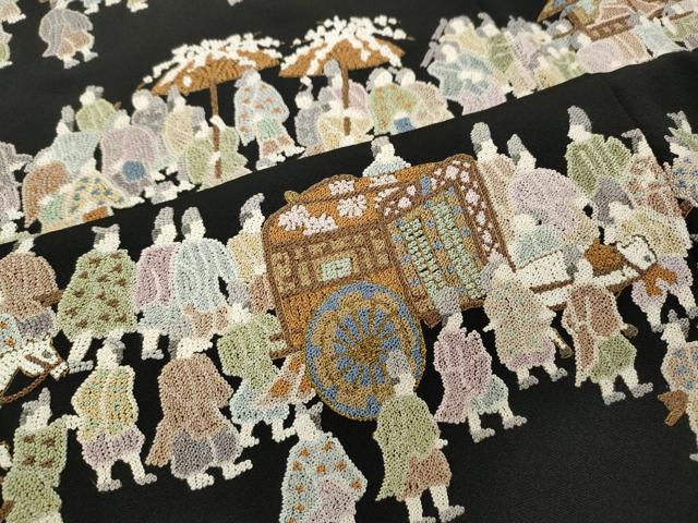平和屋着物●中国三大刺繍 相良刺繍 総刺繍 黒留袖 大名行列 正絹 逸品 CABJ6543ut